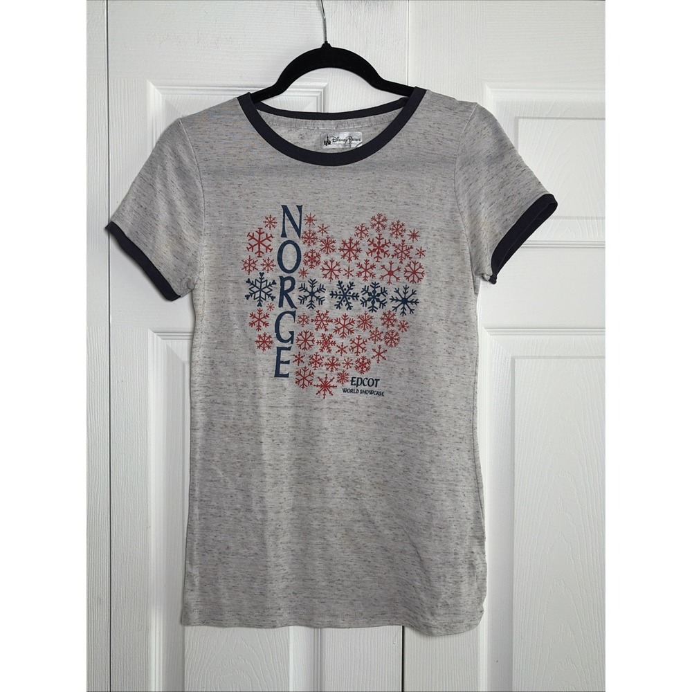 Disney Parks Norge Epcot World Showcase‎ Womens Size L Gray Ringer Tee Snowflake